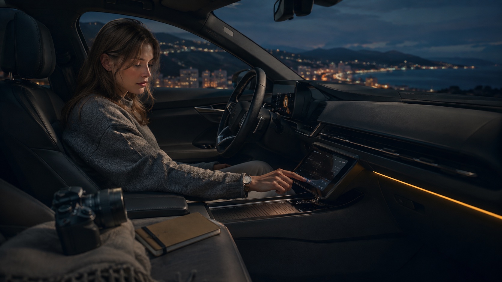 A driver using her car as a personal living space