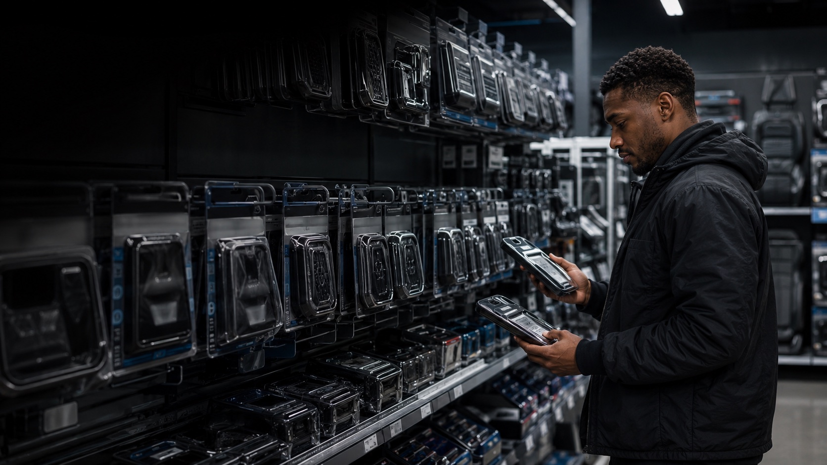 A shopper comparing conventional automotive accessories