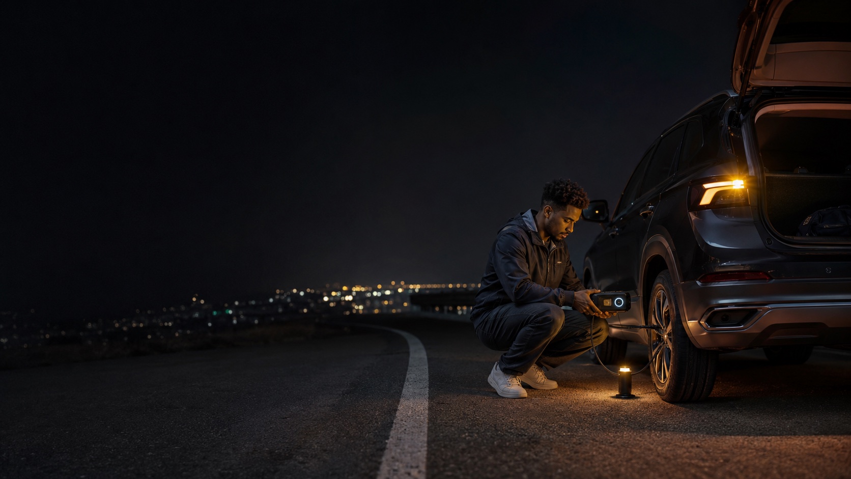 A driver using multipurpose automotive gear at night