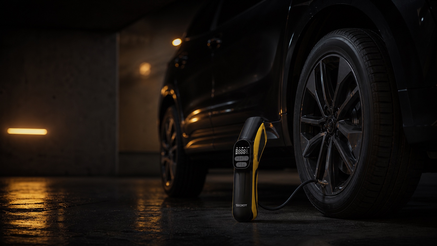 A VEDIOT automotive product beside a vehicle wheel